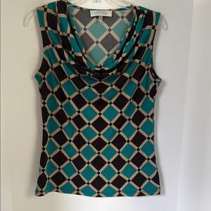Kasper Teal and Black Diamond Pattern Top size M